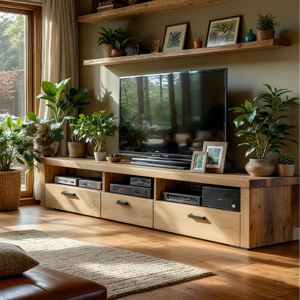 Natural Wood TV Cabinet with Long Top, Open Bays & Drawers