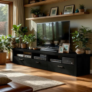 Natural Wood TV Cabinet with Long Top, Open Bays & Drawers