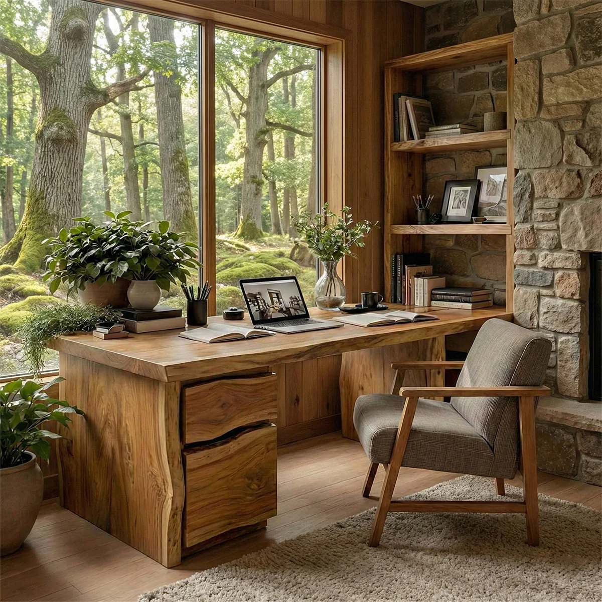 Solid Wood Desk with Drawers Handmade Live Edge Office Desk Rustic Natural Writing Table with Storage