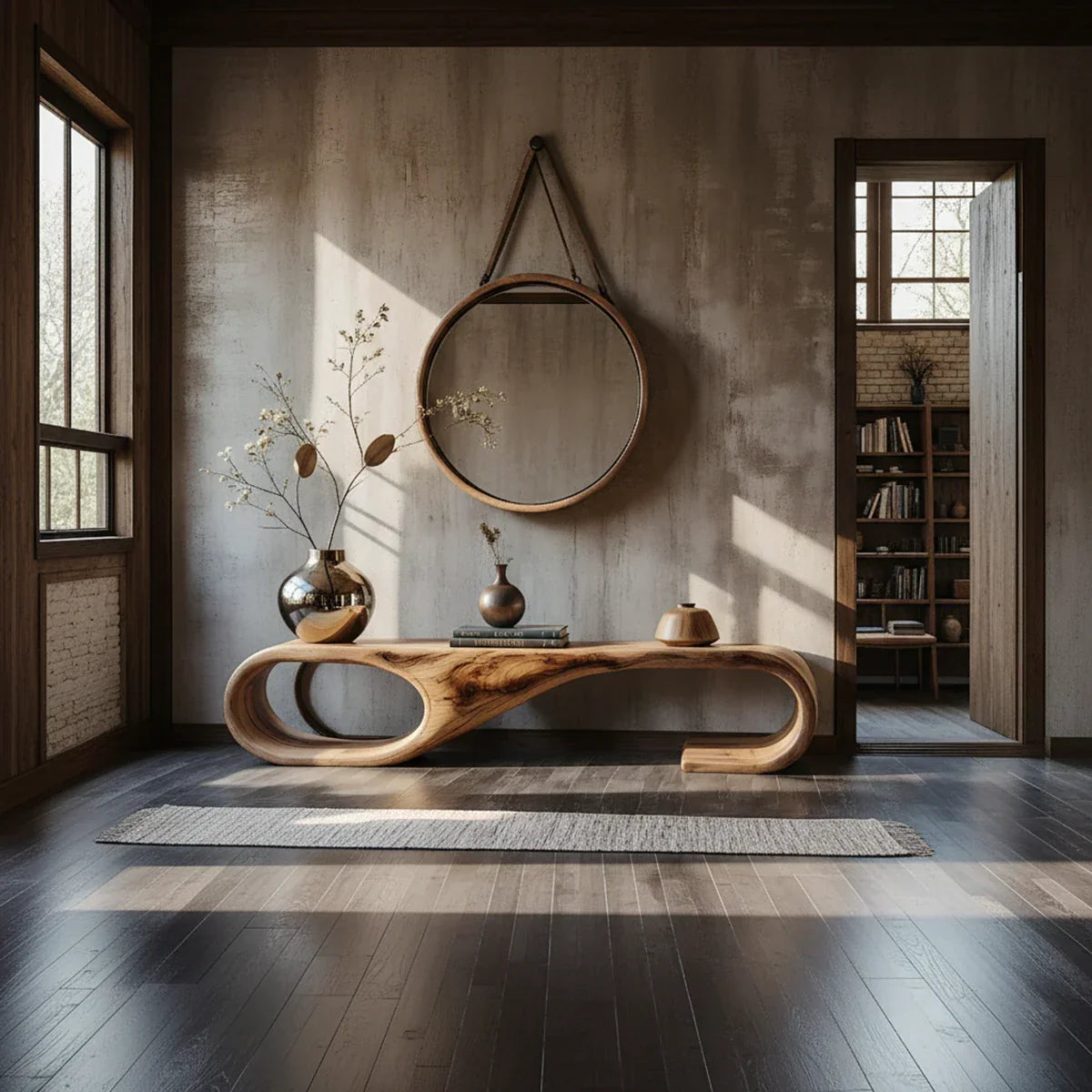 Sculptural Solid Wood Bench with Oval Loop End for Modern Entryway