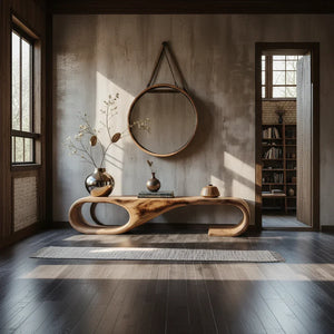Sculptural Solid Wood Bench with Oval Loop End for Modern Entryway