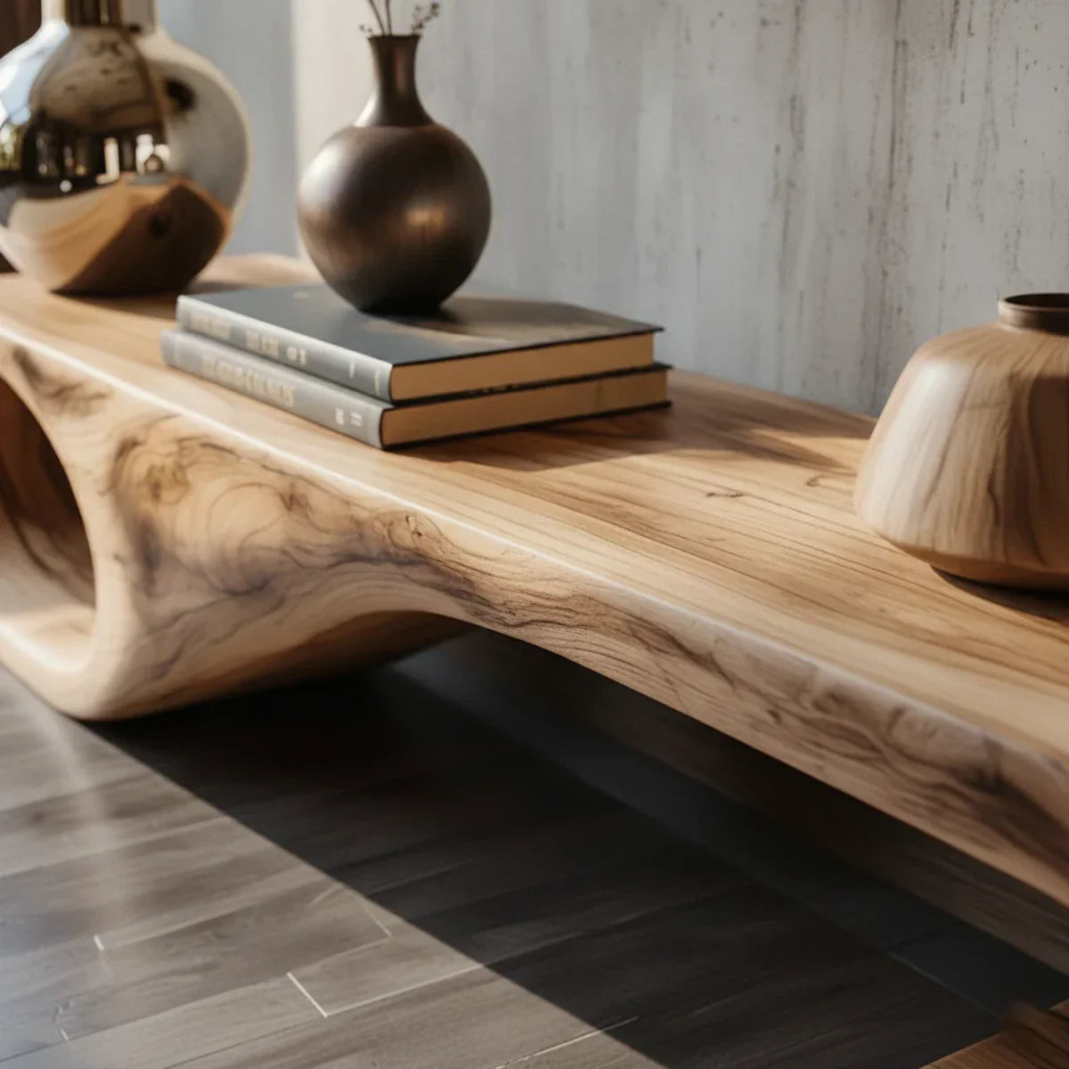 Sculptural Solid Wood Bench with Oval Loop End for Modern Entryway