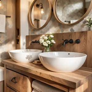 Double Solid Wood Bathroom Vanity with Drawers and Open Towel Shelf