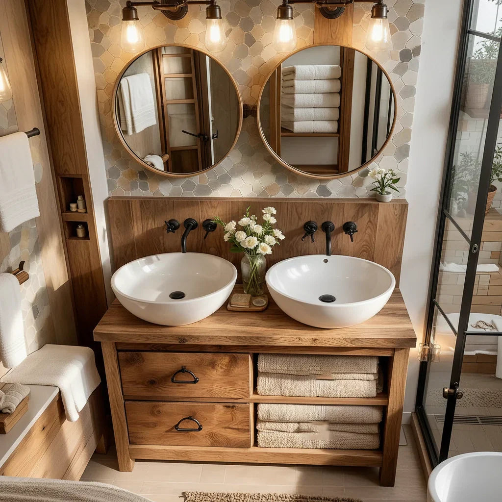 Double Solid Wood Bathroom Vanity with Drawers and Open Towel Shelf