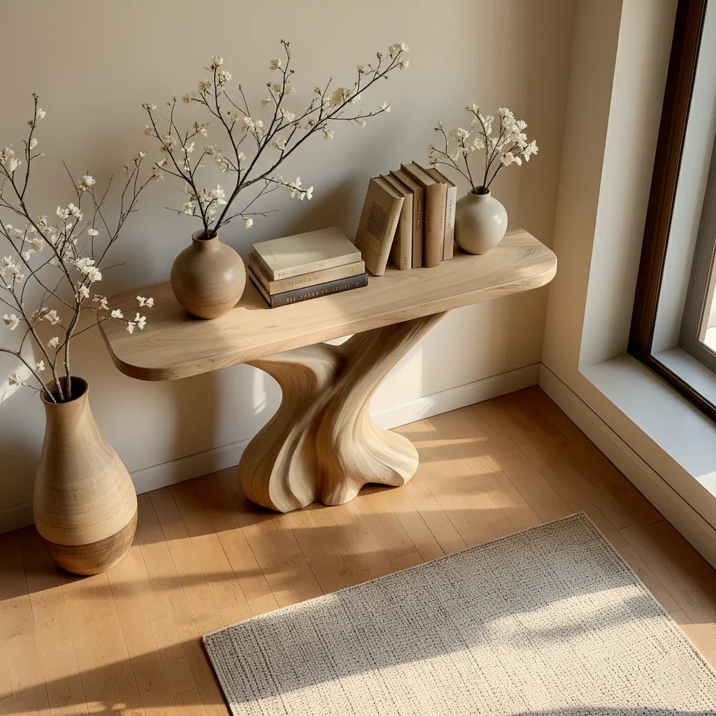Modern Organic Solid Wood Console Table with Sculpted Wave Base