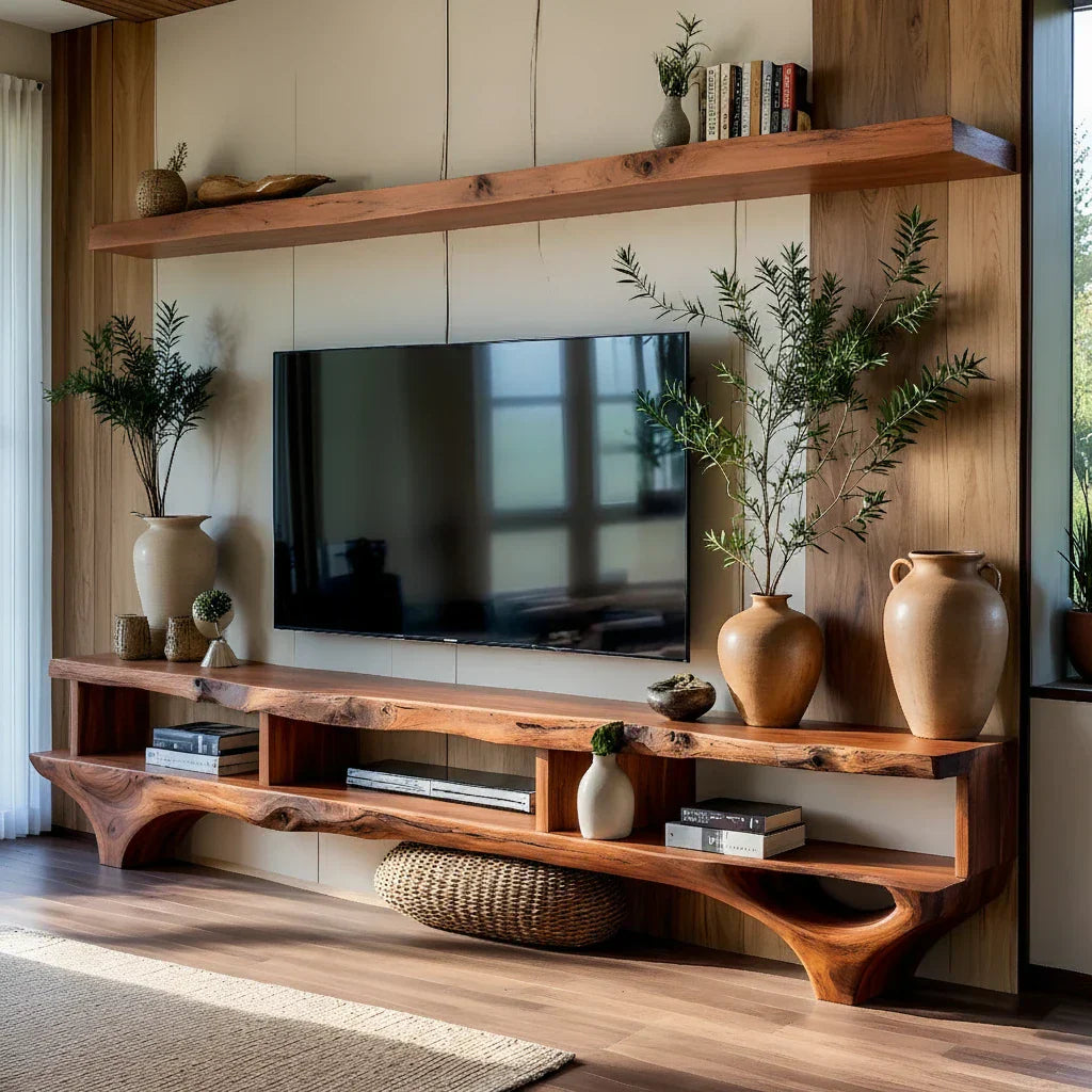Live-Edge Style TV Console Wall-Mounted Shelf Media Wall Set