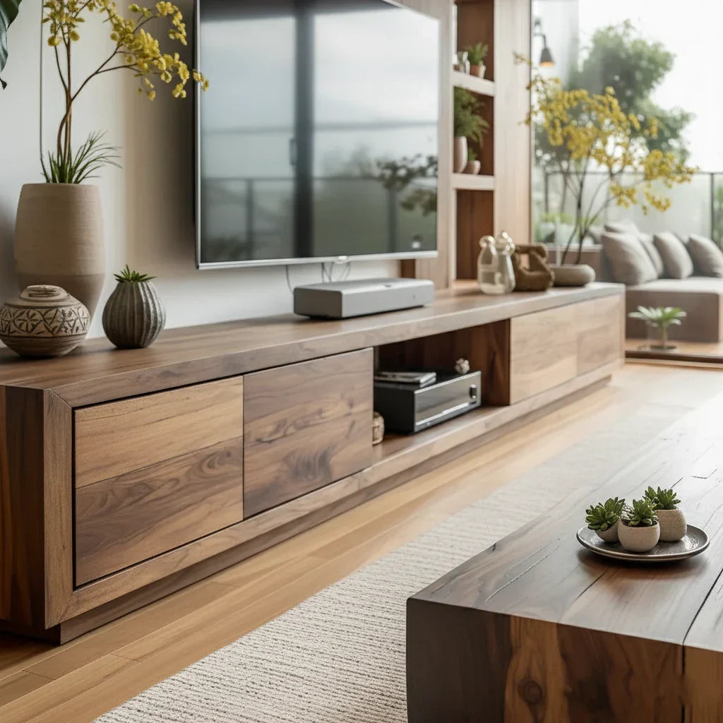 Modern Wood TV Console with Drawers & Open Media Bay