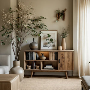 Solid Wood Storage Cabinet with Open Cubby Shelves for Organic Modern Spaces