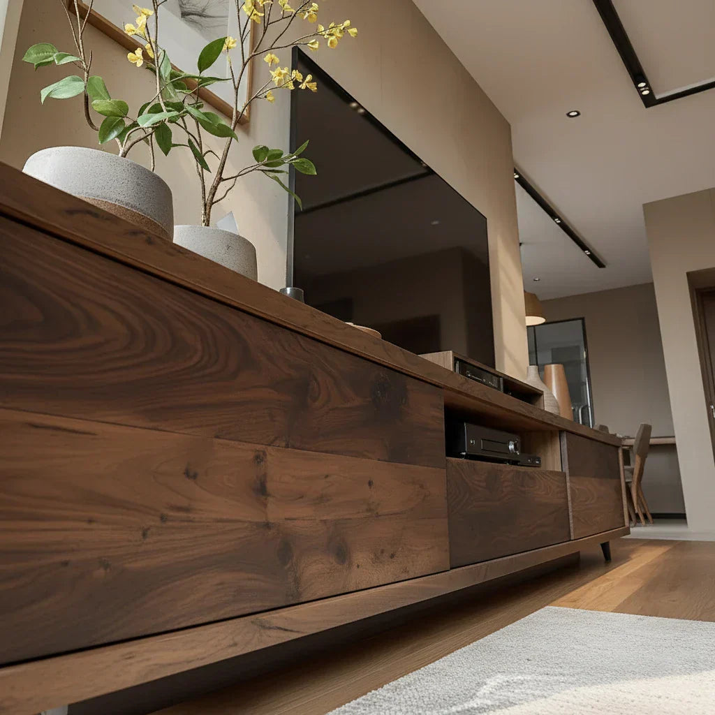 Low Wood Media Cabinet with Center Bay for Japandi Interiors