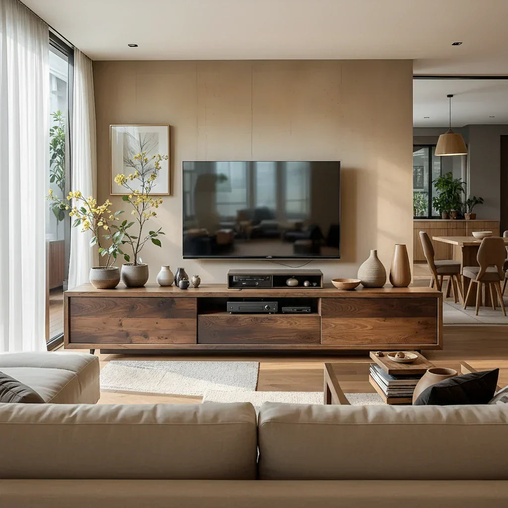 Low Wood Media Cabinet with Center Bay for Japandi Interiors