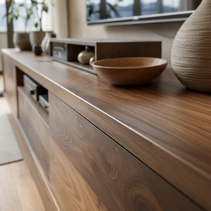 Low Wood Media Cabinet with Center Bay for Japandi Interiors