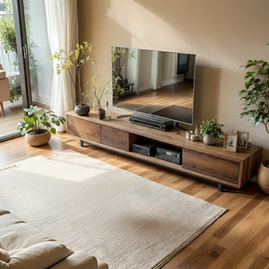 Natural Wood Low TV Console with Closed Storage & Open Center Bay