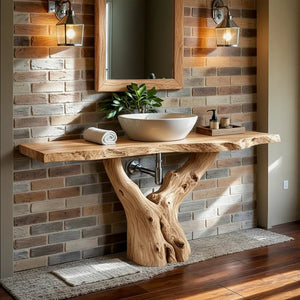 Live Edge Wood Vanity with Trunk-Style Pedestal Base