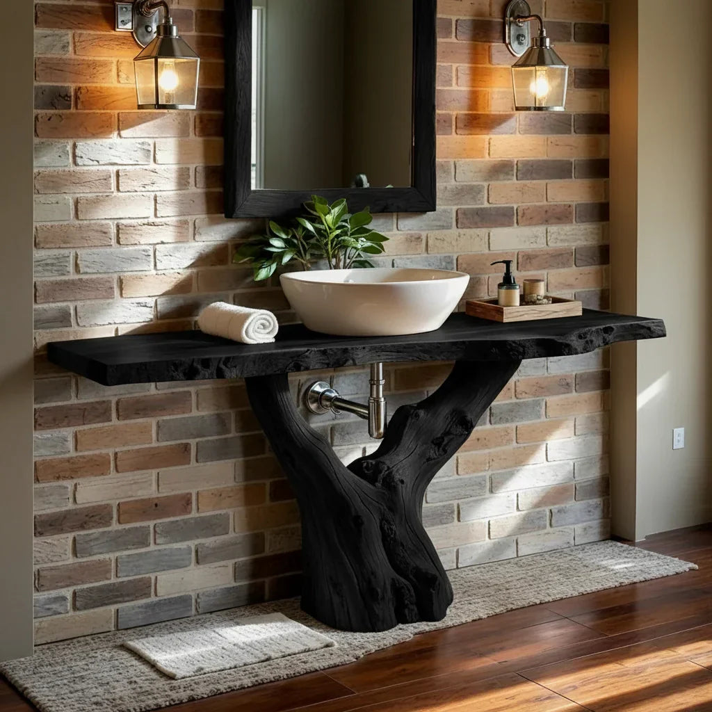 Live Edge Wood Vanity with Trunk-Style Pedestal Base