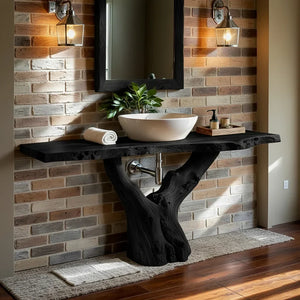Live Edge Wood Vanity with Trunk-Style Pedestal Base