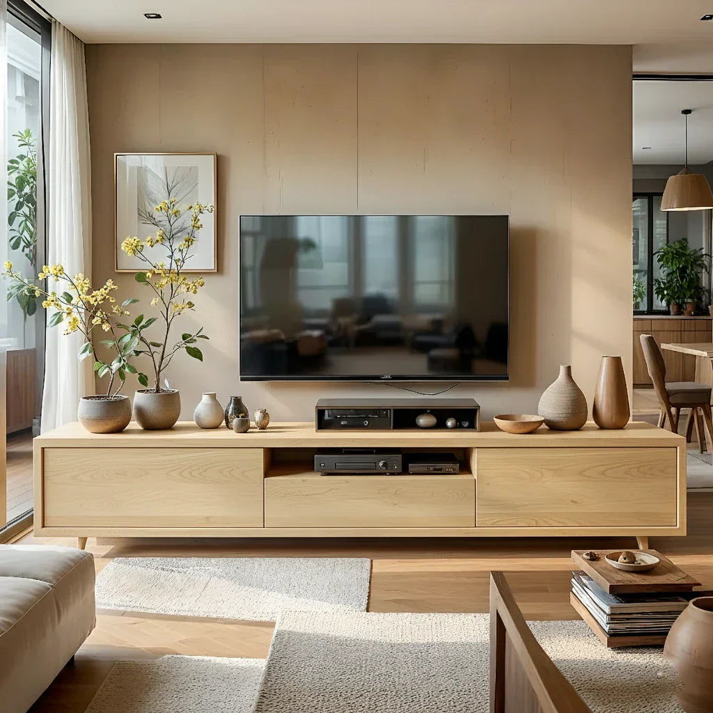Low Wood Media Cabinet with Center Bay for Japandi Interiors