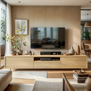 Low Wood Media Cabinet with Center Bay for Japandi Interiors