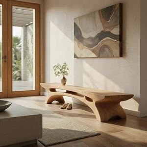 Long Solid Wood Entryway Bench with Carved Arch Base for Modern Homes