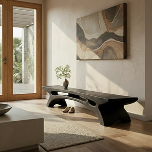 Long Solid Wood Entryway Bench with Carved Arch Base for Modern Homes