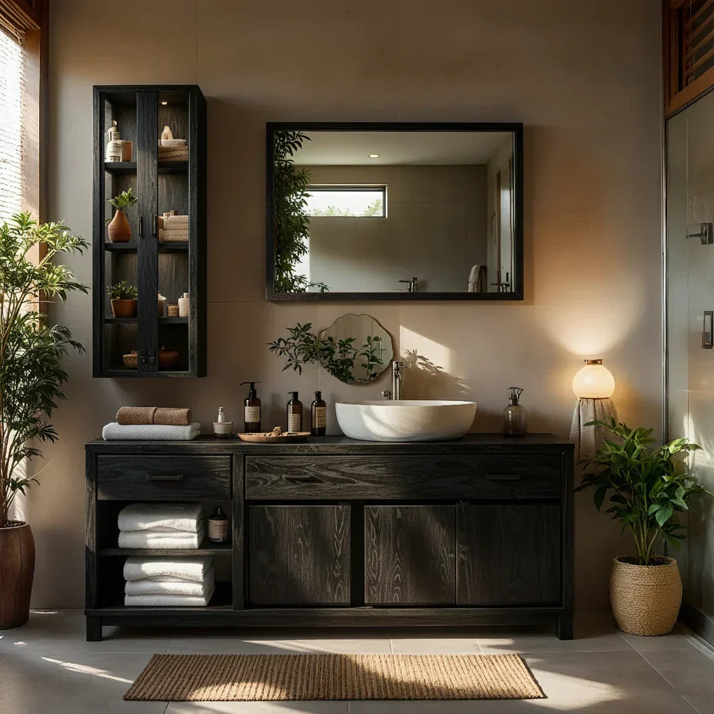 Dark Solid-Wood Bathroom Vanity with Storage
