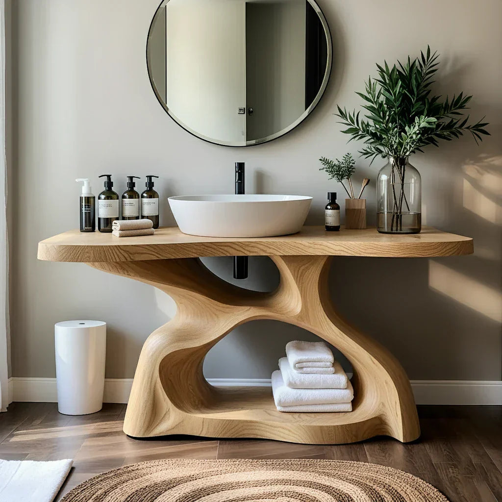 Sculptural Solid Wood Bathroom Vanity