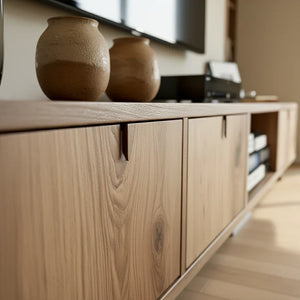 Natural Wood Media Console with Knotty Panels & Open Center Bay