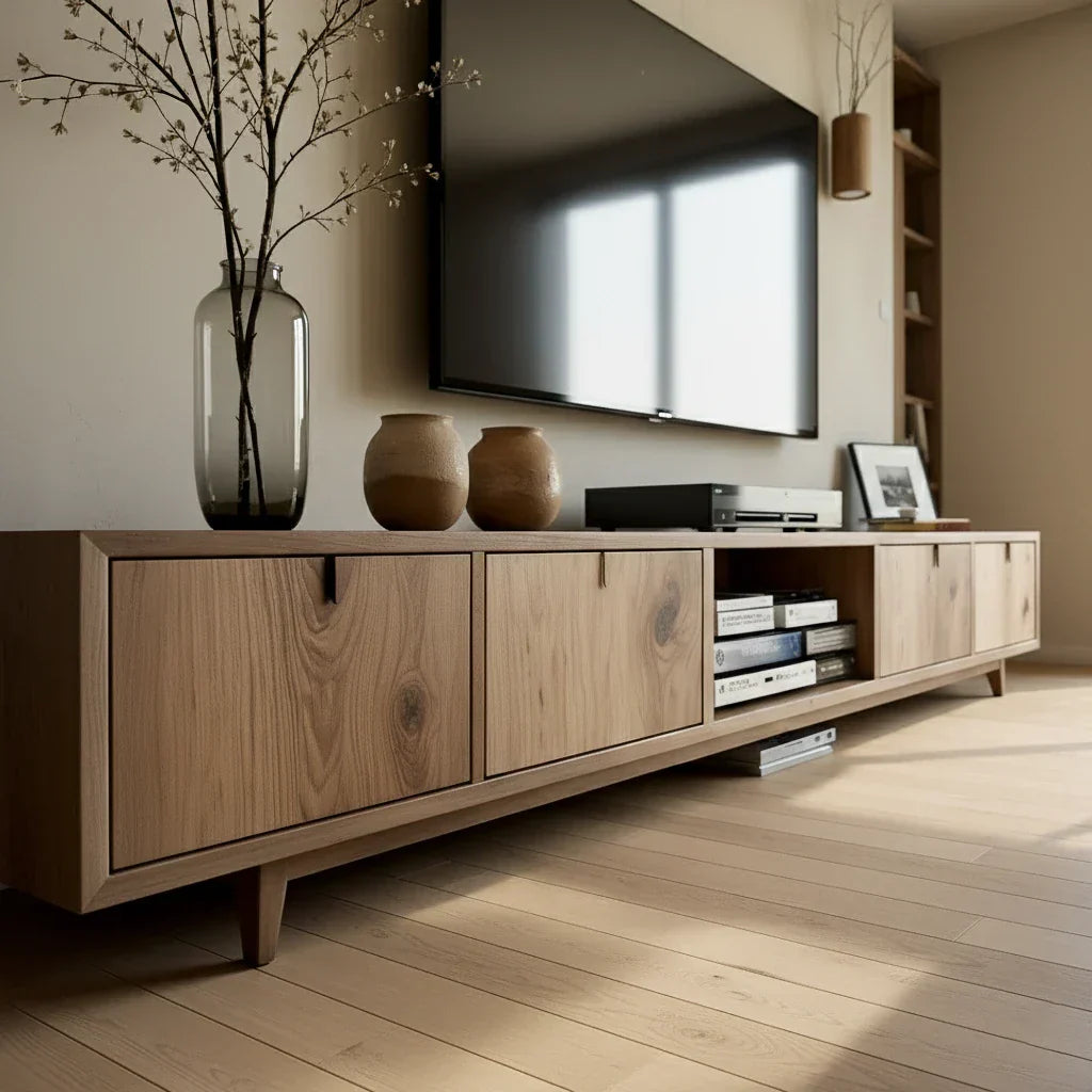 Natural Wood Media Console with Knotty Panels & Open Center Bay