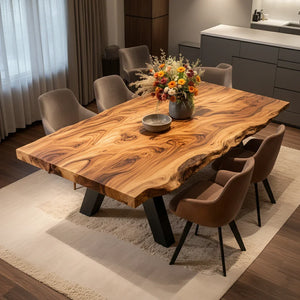 Live Edge Solid Wood Dining Table with Angled Base for Modern Interiors