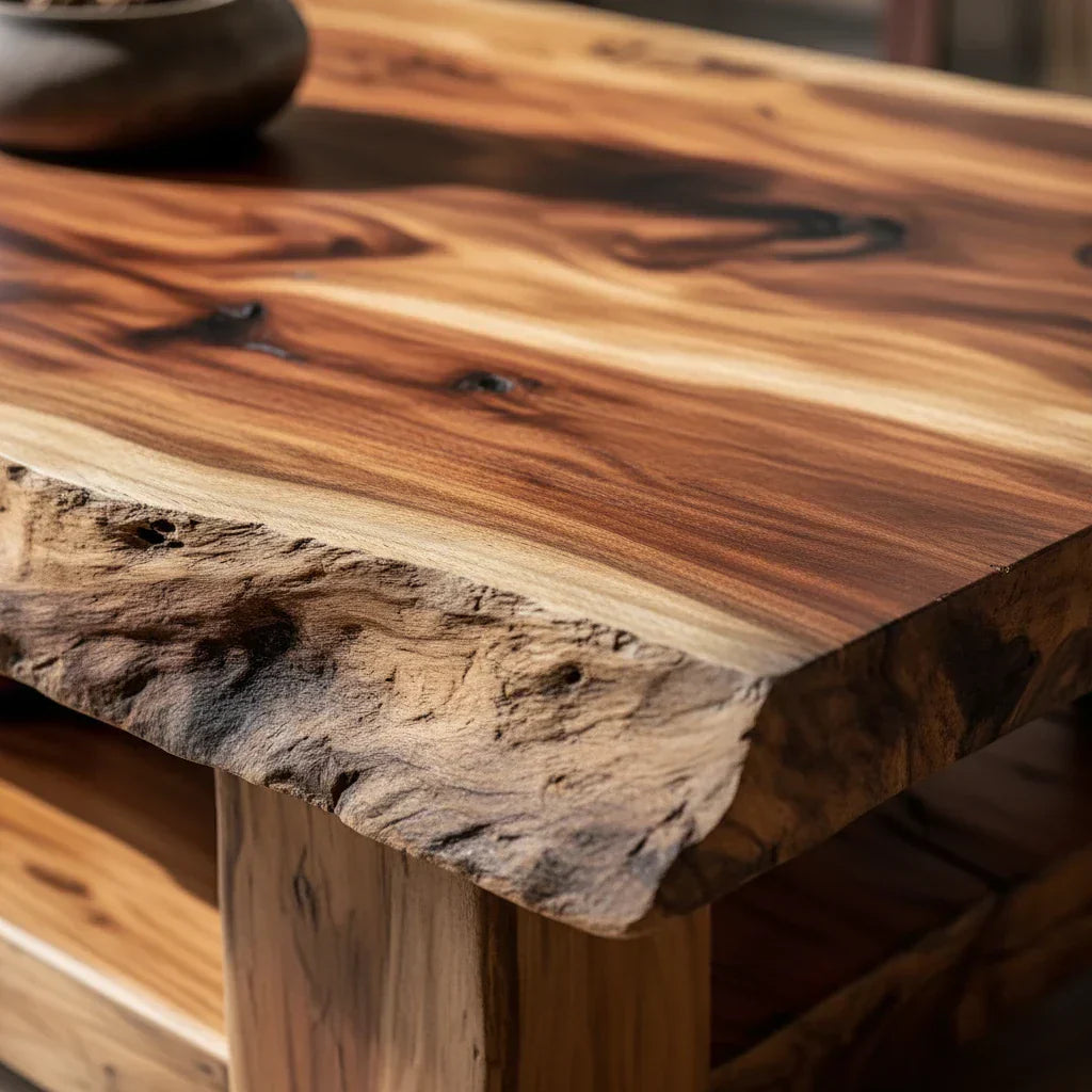 Solid Wood Coffee Table with Live Edge Top and Shelf for Living Room