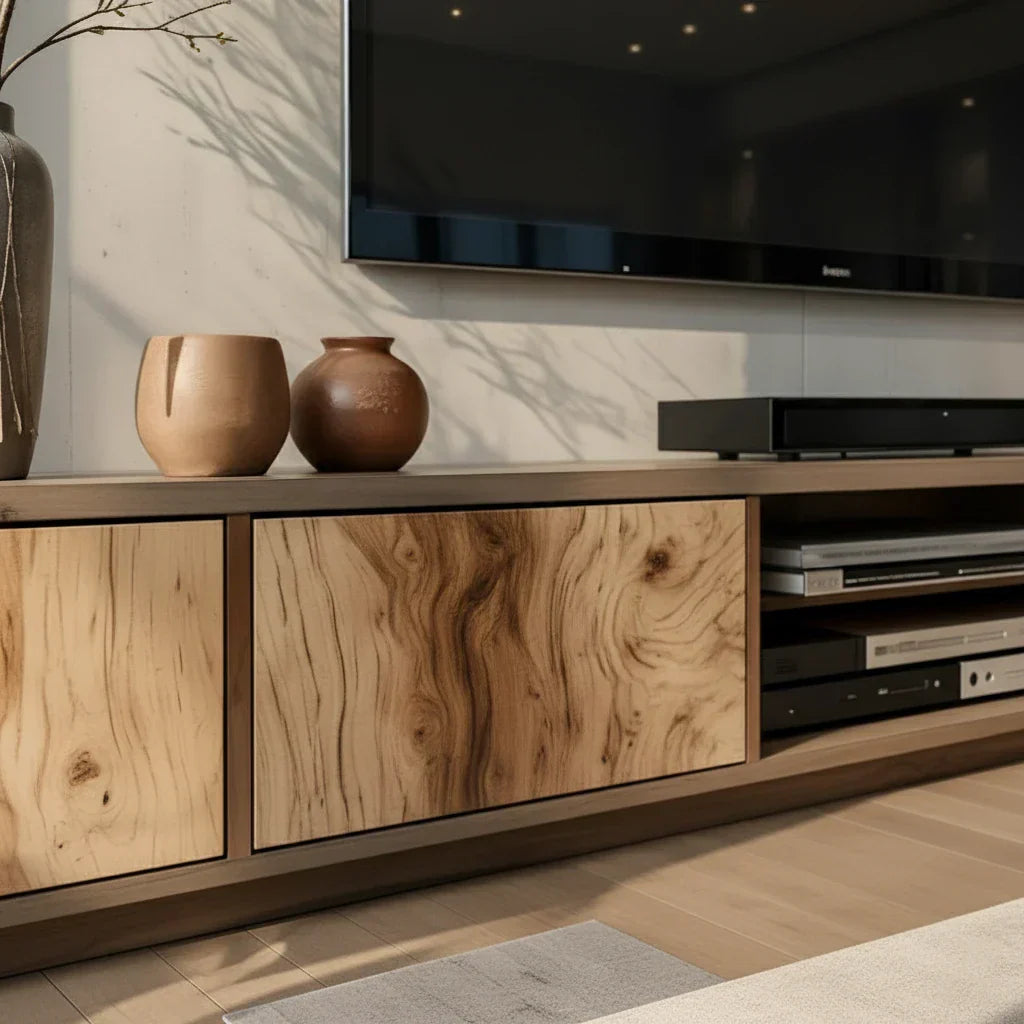 Natural Wood Media Console with Patchwork Grain Panel Front