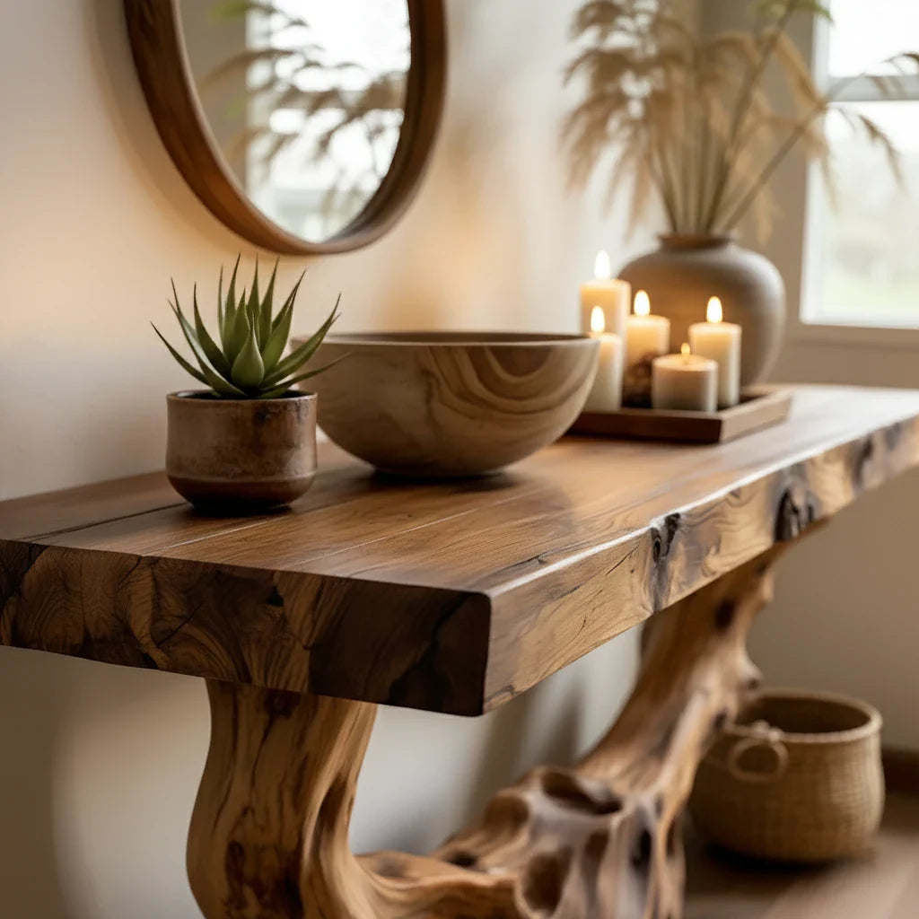 Handcrafted Live Edge Wood Console Table with Sculptural Root Base