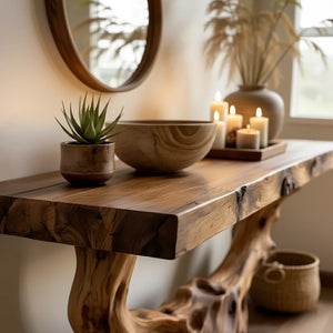 Handcrafted Live Edge Wood Console Table with Sculptural Root Base