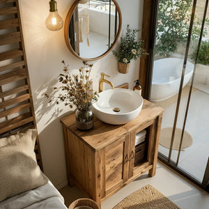 Solid Wood Bathroom Vanity Cabinet with Open Shelf for Small Spaces