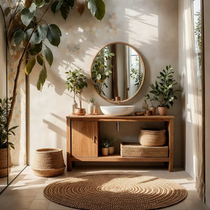 Minimal Solid Wood Bathroom Vanity with Sliding Door and Open Shelf