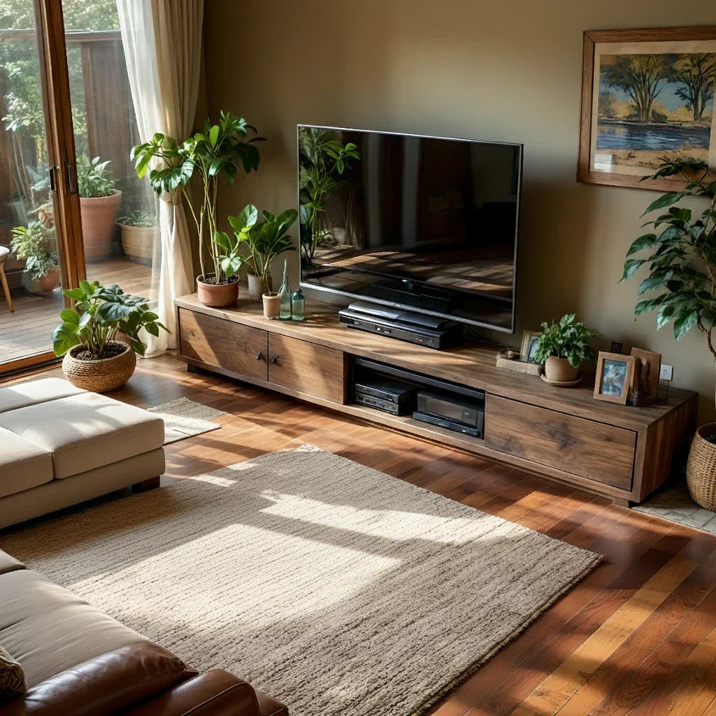 Wood TV Stand with Mixed Storage for Organic Modern Living