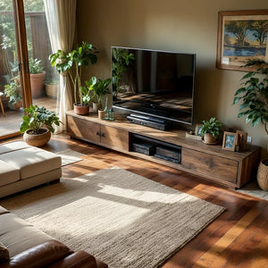 Wood TV Stand with Mixed Storage for Organic Modern Living