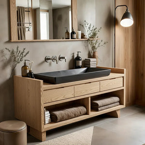 Solid Wood Bathroom Vanity with Three Drawers and Open Shelves