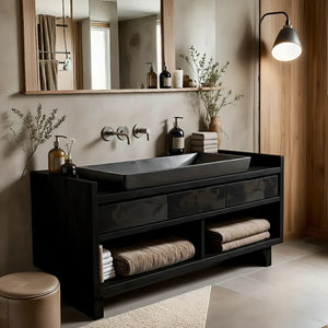 Solid Wood Bathroom Vanity with Three Drawers and Open Shelves