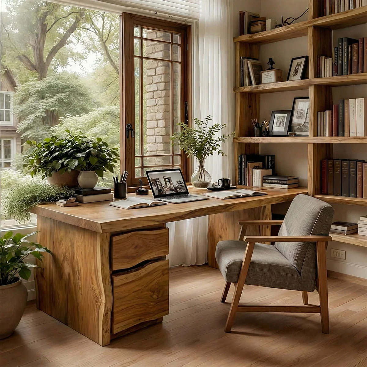 Solid Wood Desk with Drawers Handmade Live Edge Office Desk Rustic Natural Writing Table with Storage