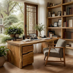 Solid Wood Desk with Drawers Handmade Live Edge Office Desk Rustic Natural Writing Table with Storage