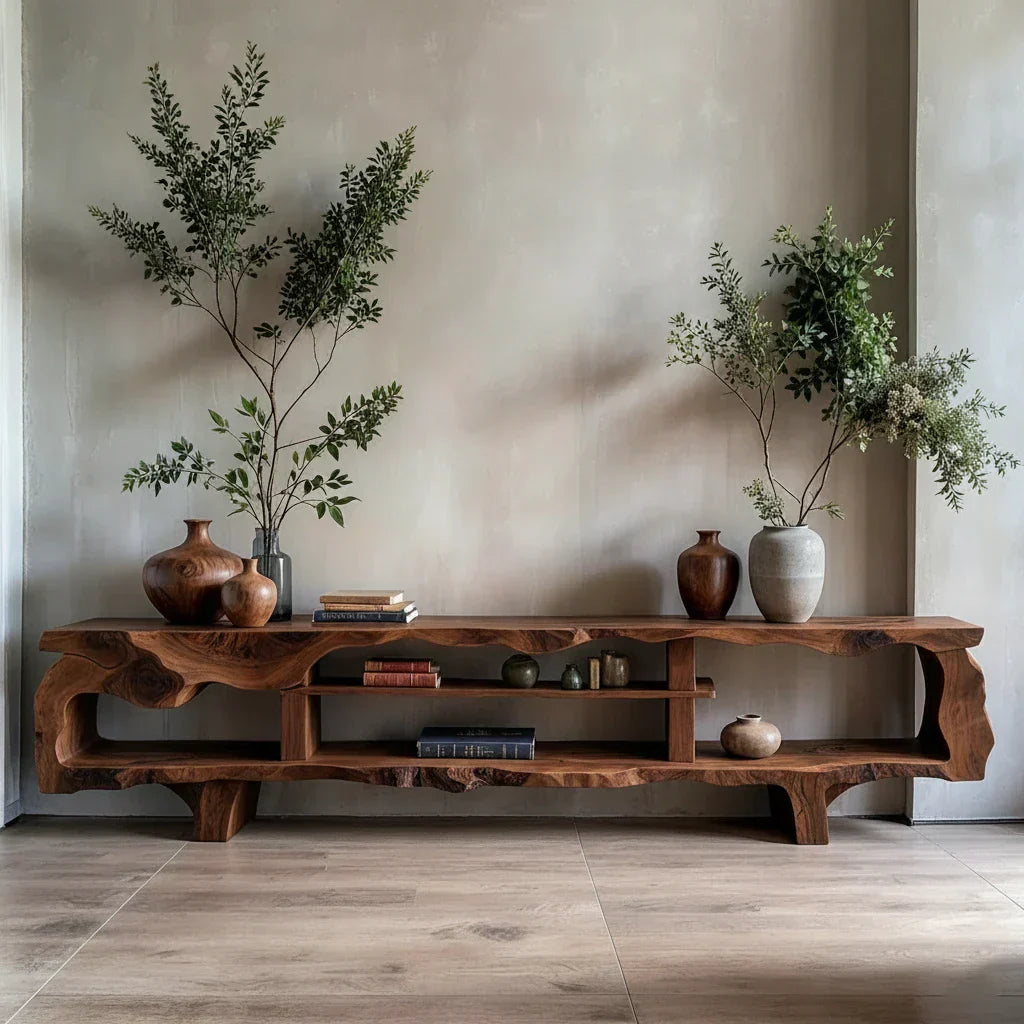 Organic Sculptural Live-Edge Style Media Console with Open Shelves