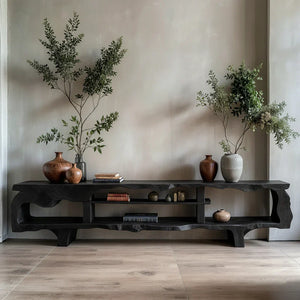 Organic Sculptural Live-Edge Style Media Console with Open Shelves