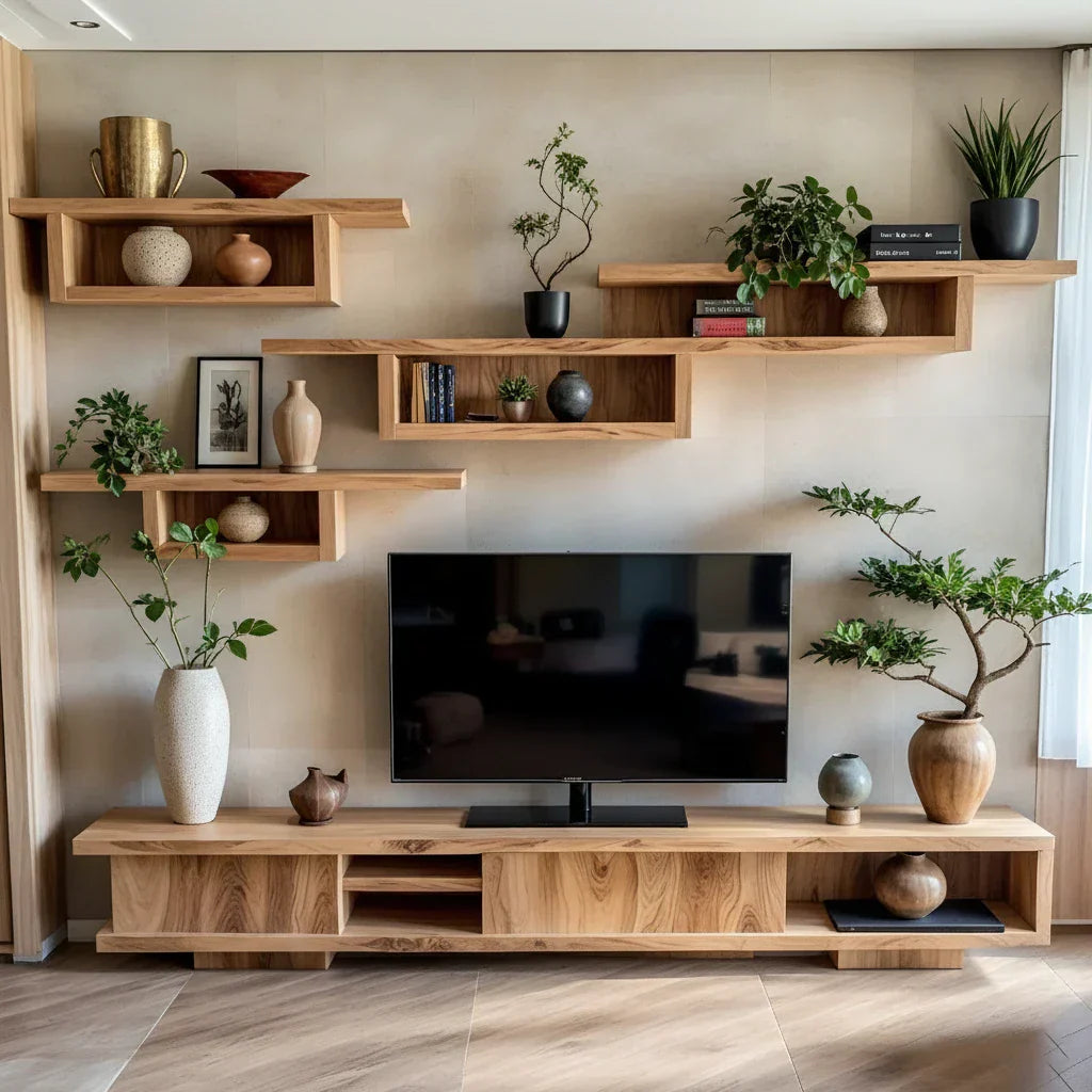 Wood TV Console and Modular Floating Shelves Set for Media Wall