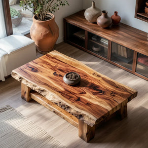 Solid Wood Coffee Table with Live Edge Top and Shelf for Living Room