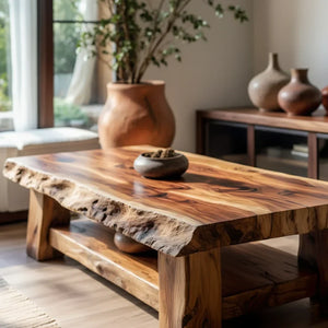 Solid Wood Coffee Table with Live Edge Top and Shelf for Living Room