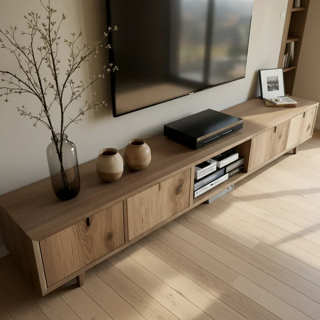 Natural Wood Media Console with Knotty Panels & Open Center Bay