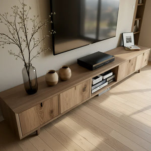 Natural Wood Media Console with Knotty Panels & Open Center Bay