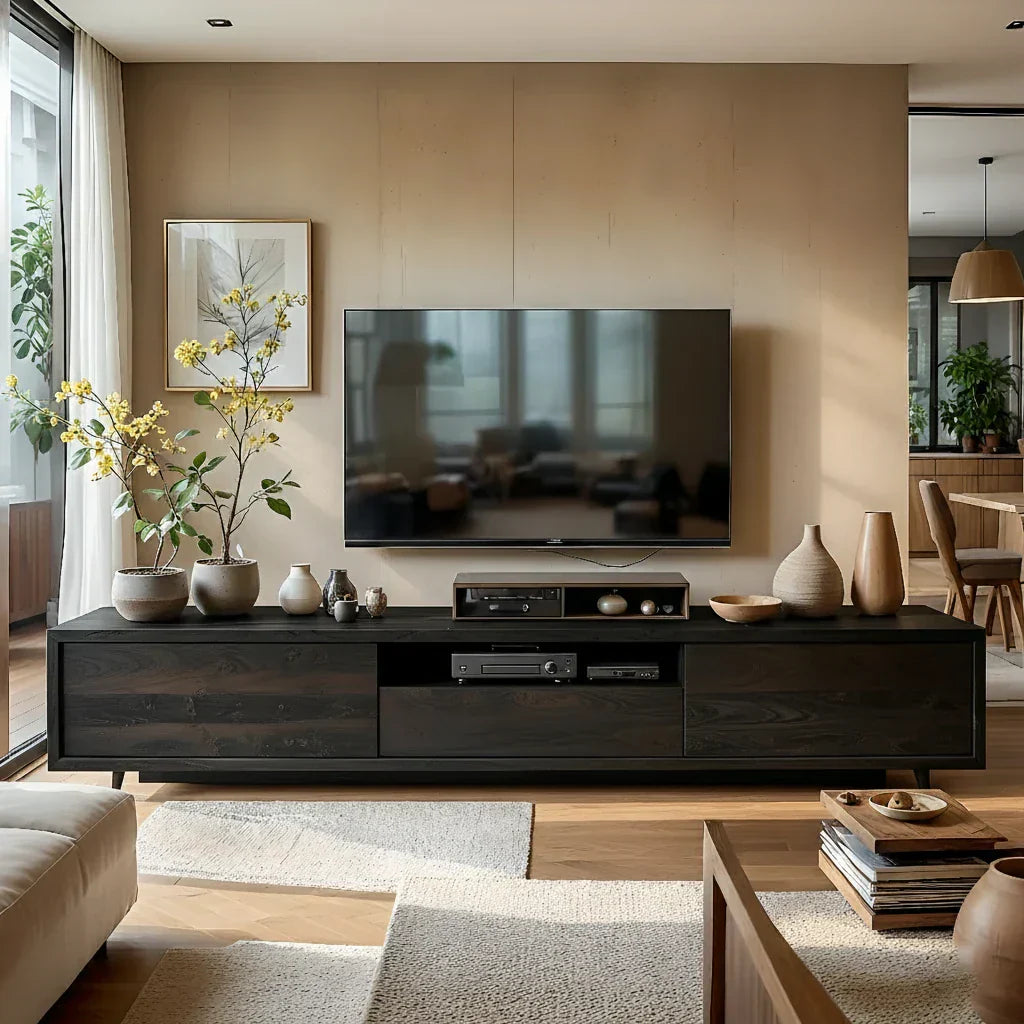 Low Wood Media Cabinet with Center Bay for Japandi Interiors