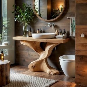 Live Edge Wood Vanity with Twisted Pedestal Base