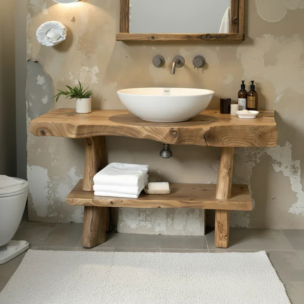 Live-Edge Solid-Wood Vanity with Shelf for Spa Bathrooms